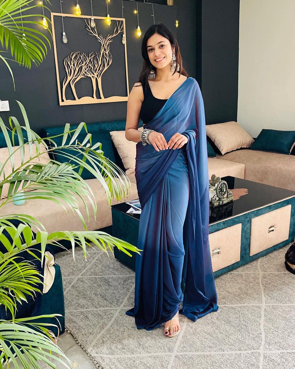 Midnight Blue Ombre Satin Saree – Elegant Flow for Evening Glam