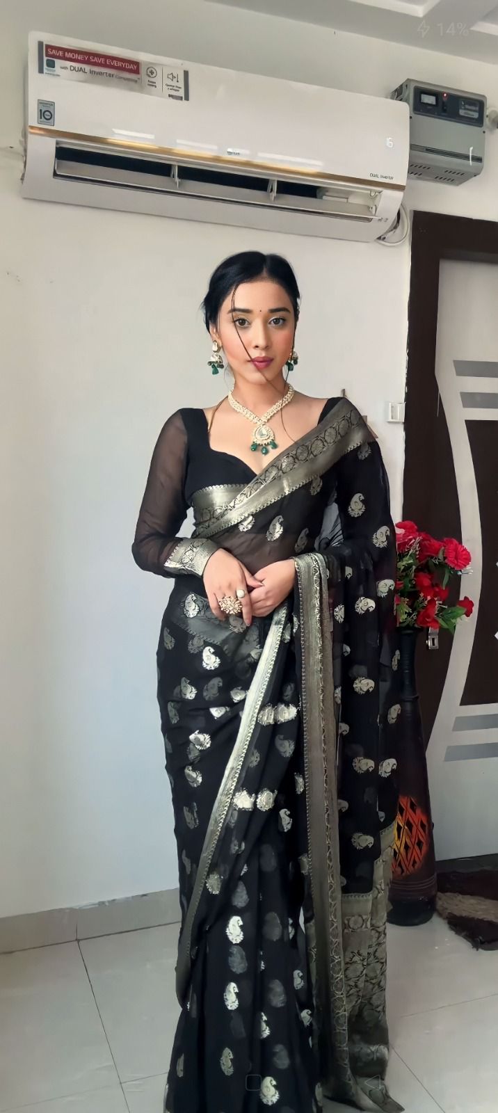 Black Sheer Organza Saree with Silver Zari Paisley Weave