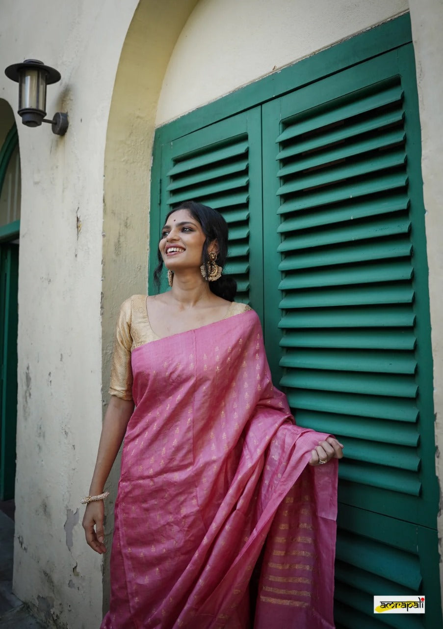 Rose Pink Handloom Tissue Silk Saree