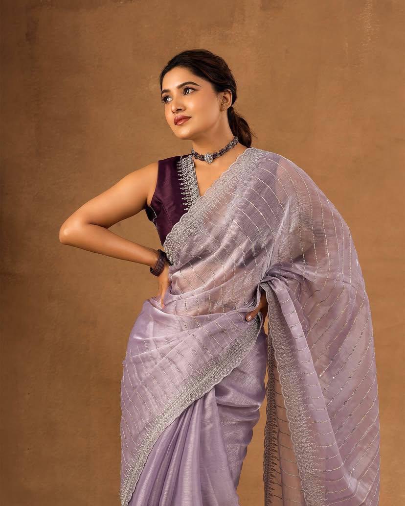 Dusty Lavender Designer Saree with Sequin Lines and Lace Border