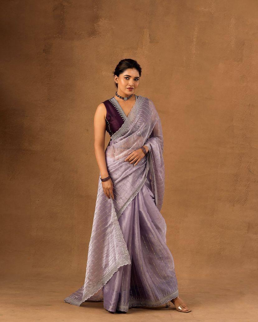 Dusty Lavender Designer Saree with Sequin Lines and Lace Border