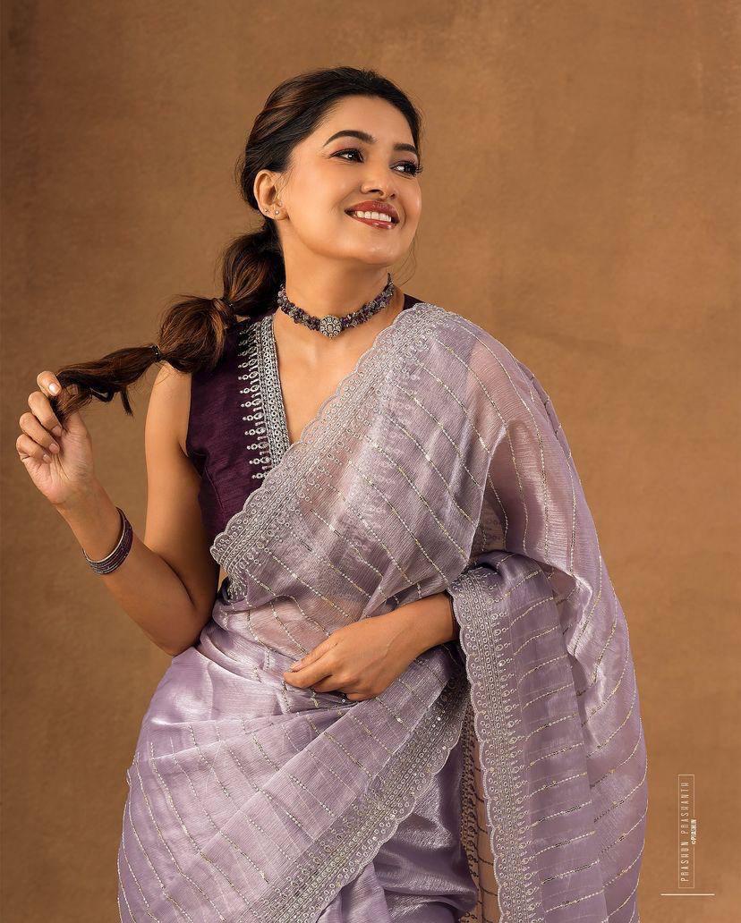 Dusty Lavender Designer Saree with Sequin Lines and Lace Border