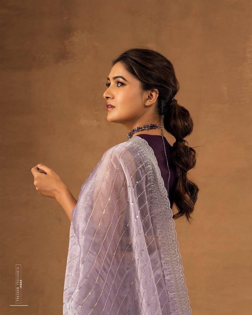 Dusty Lavender Designer Saree with Sequin Lines and Lace Border