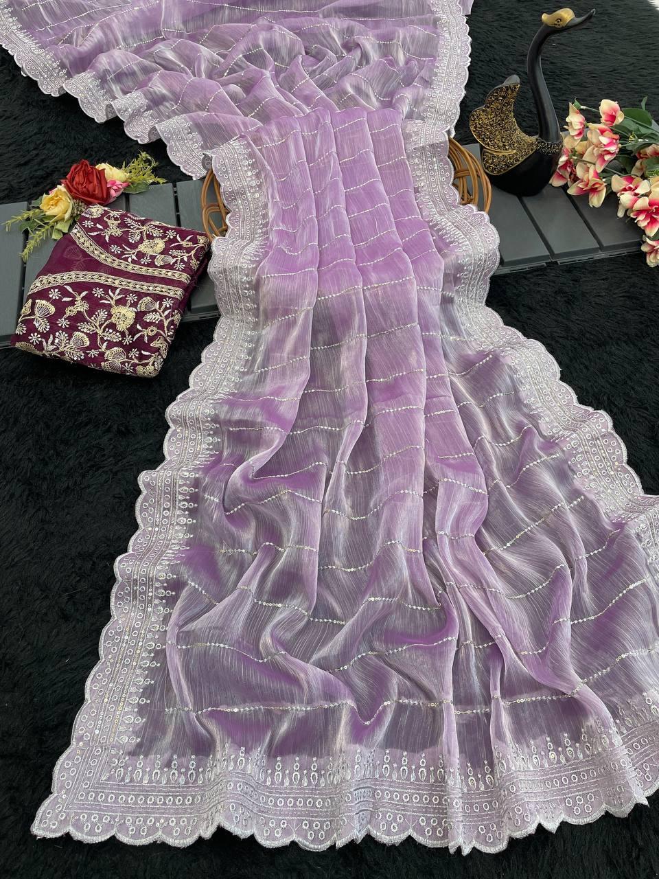 Dusty Lavender Designer Saree with Sequin Lines and Lace Border