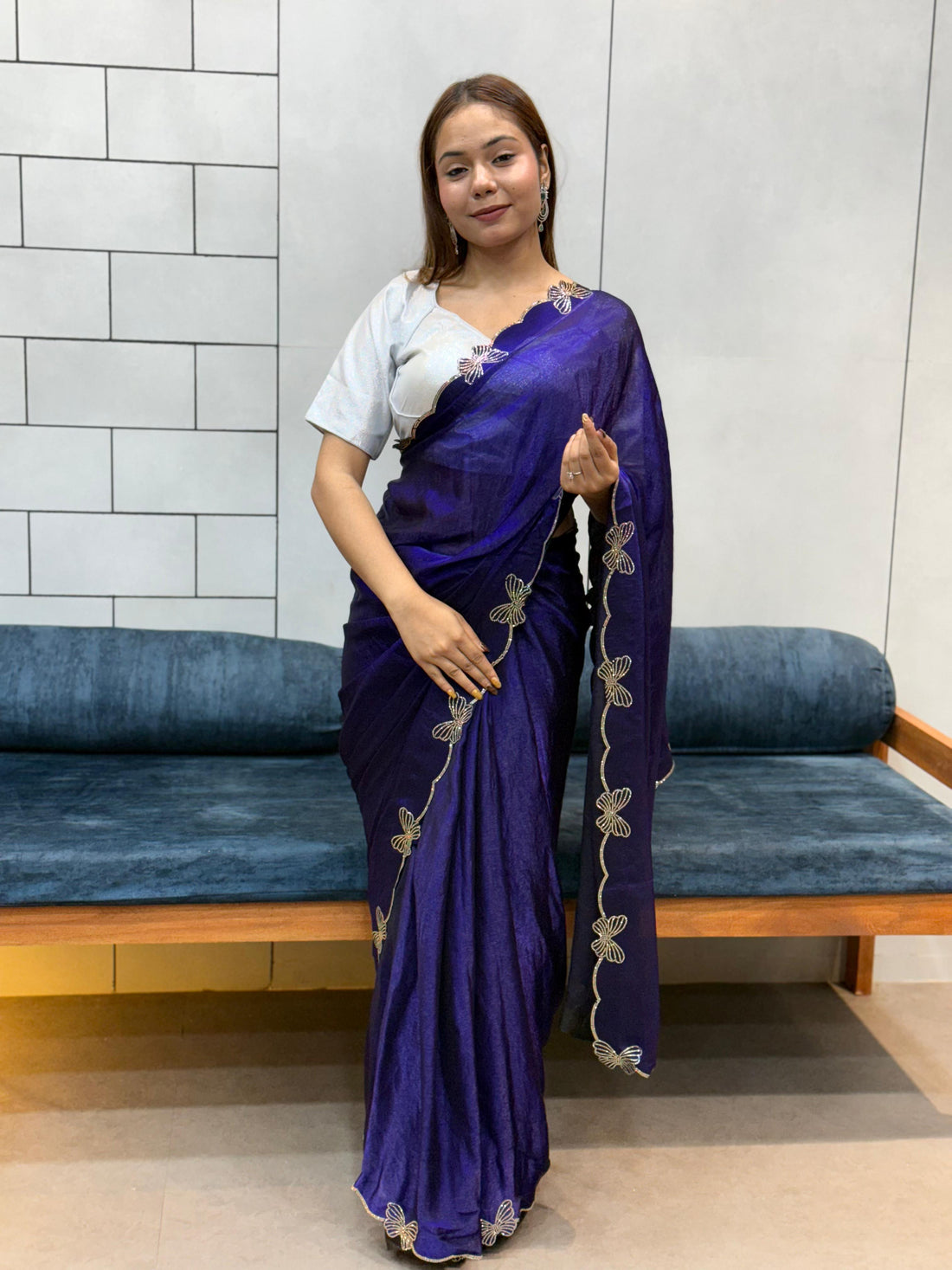 Aarvi Navy Blue Floral Embroidered Saree