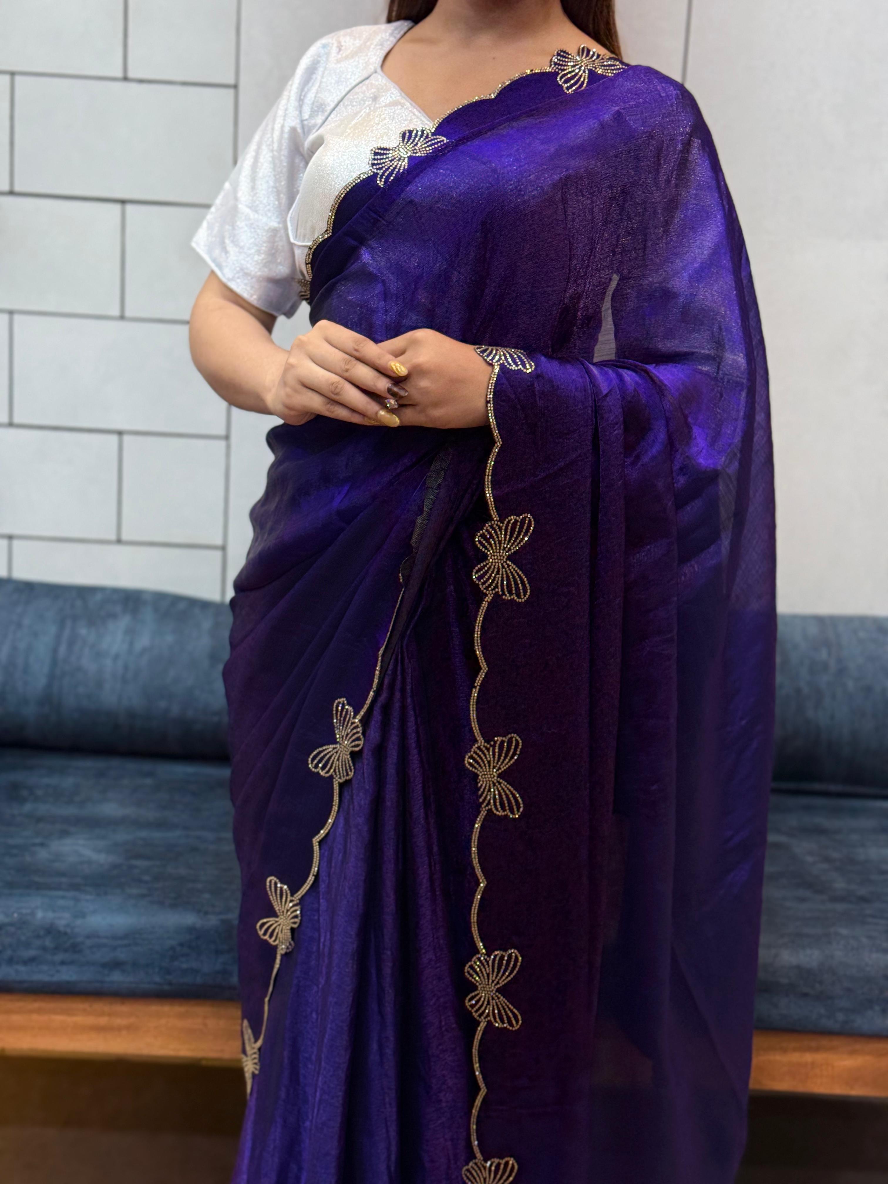 Aarvi Navy Blue Floral Embroidered Saree