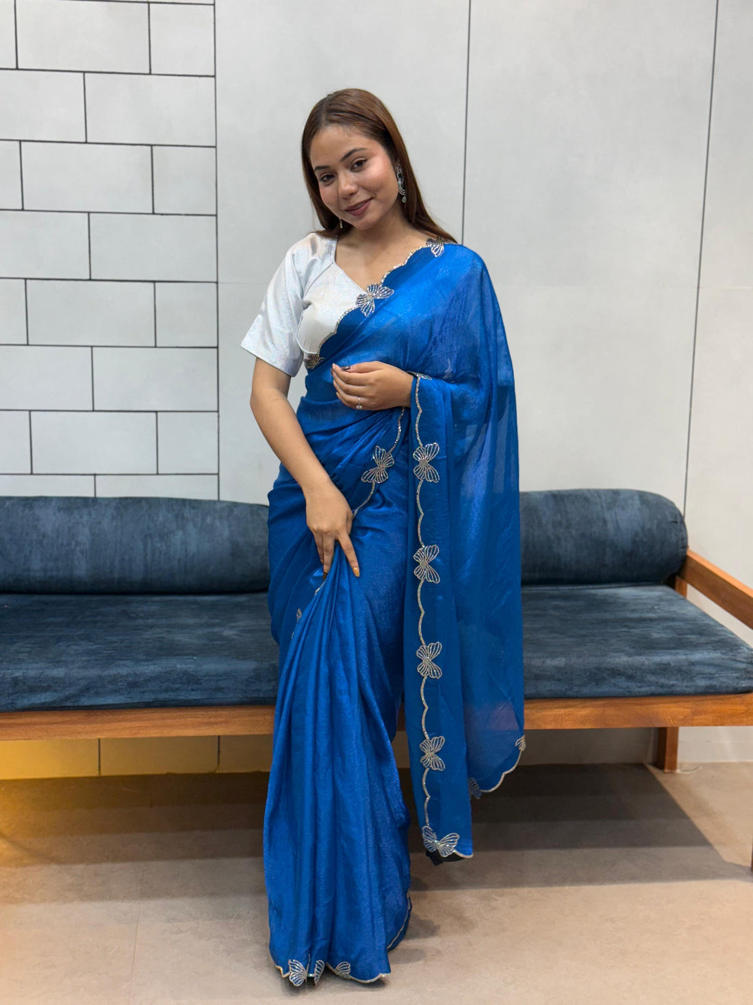 Aarvi Blue Floral Embroidered Saree