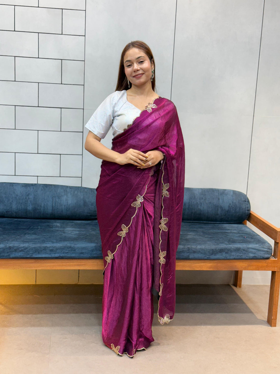 Aarvi Wine Purple Floral Embroidered Saree