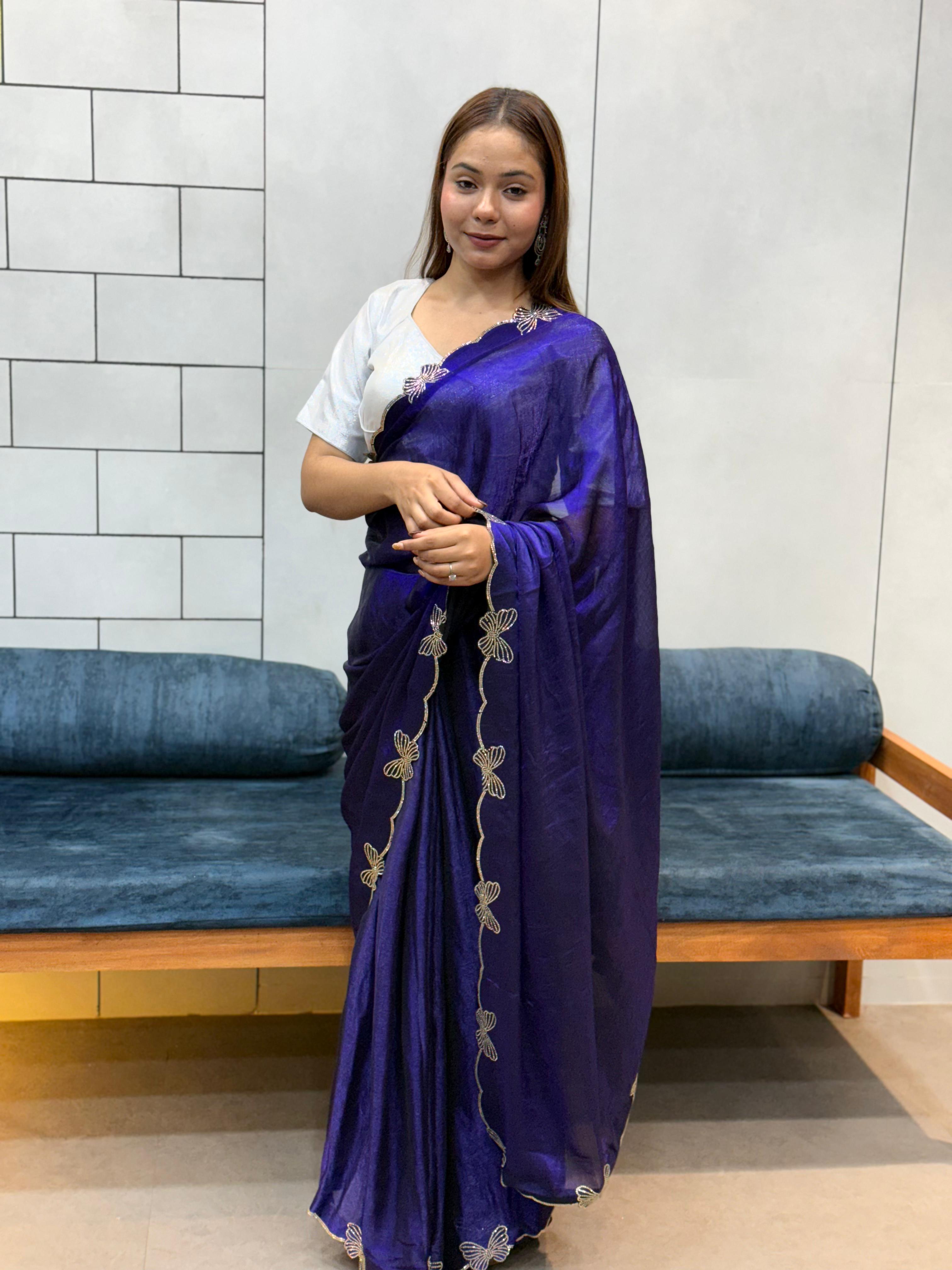 Aarvi Navy Blue Floral Embroidered Saree