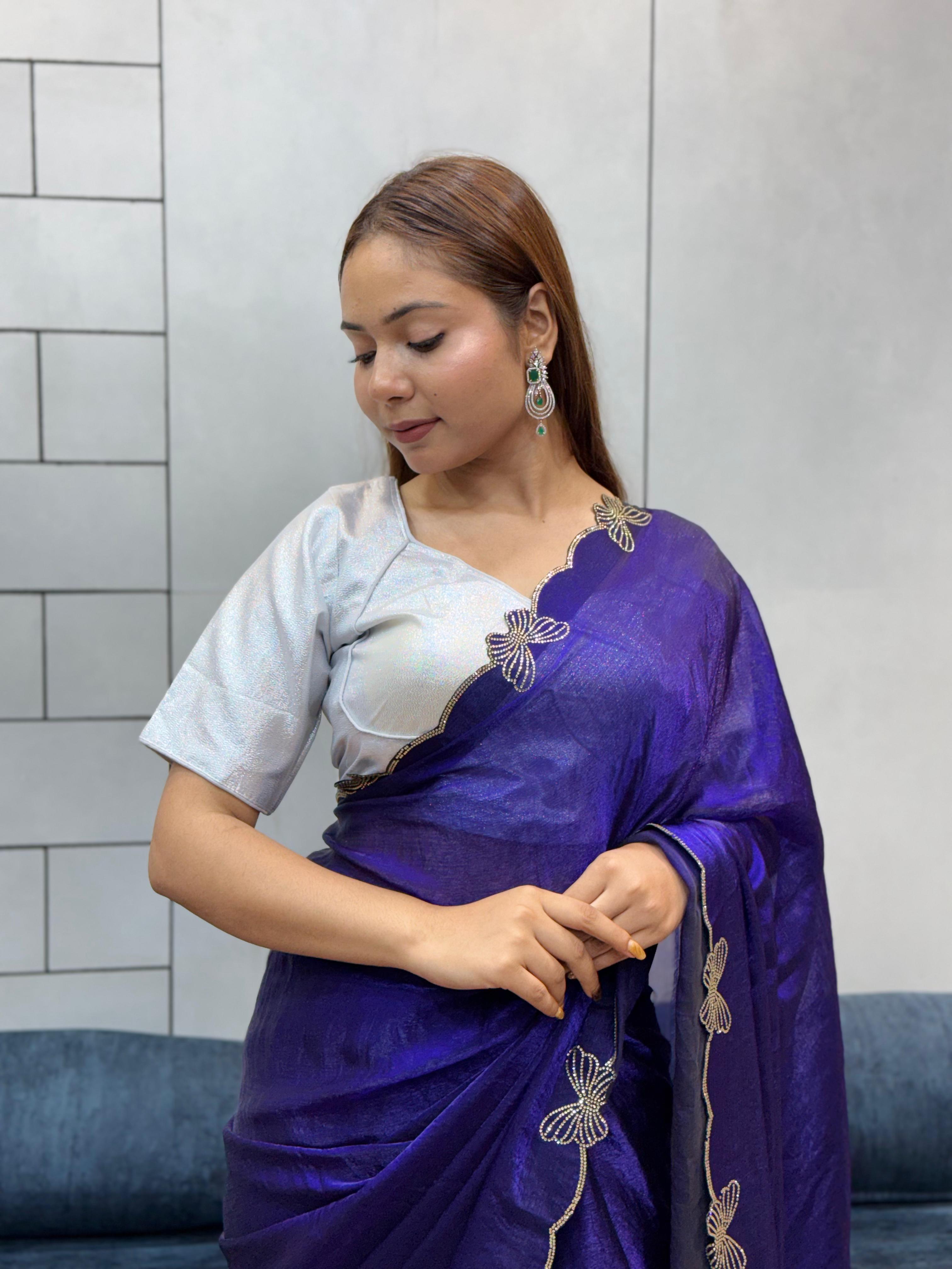 Aarvi Navy Blue Floral Embroidered Saree