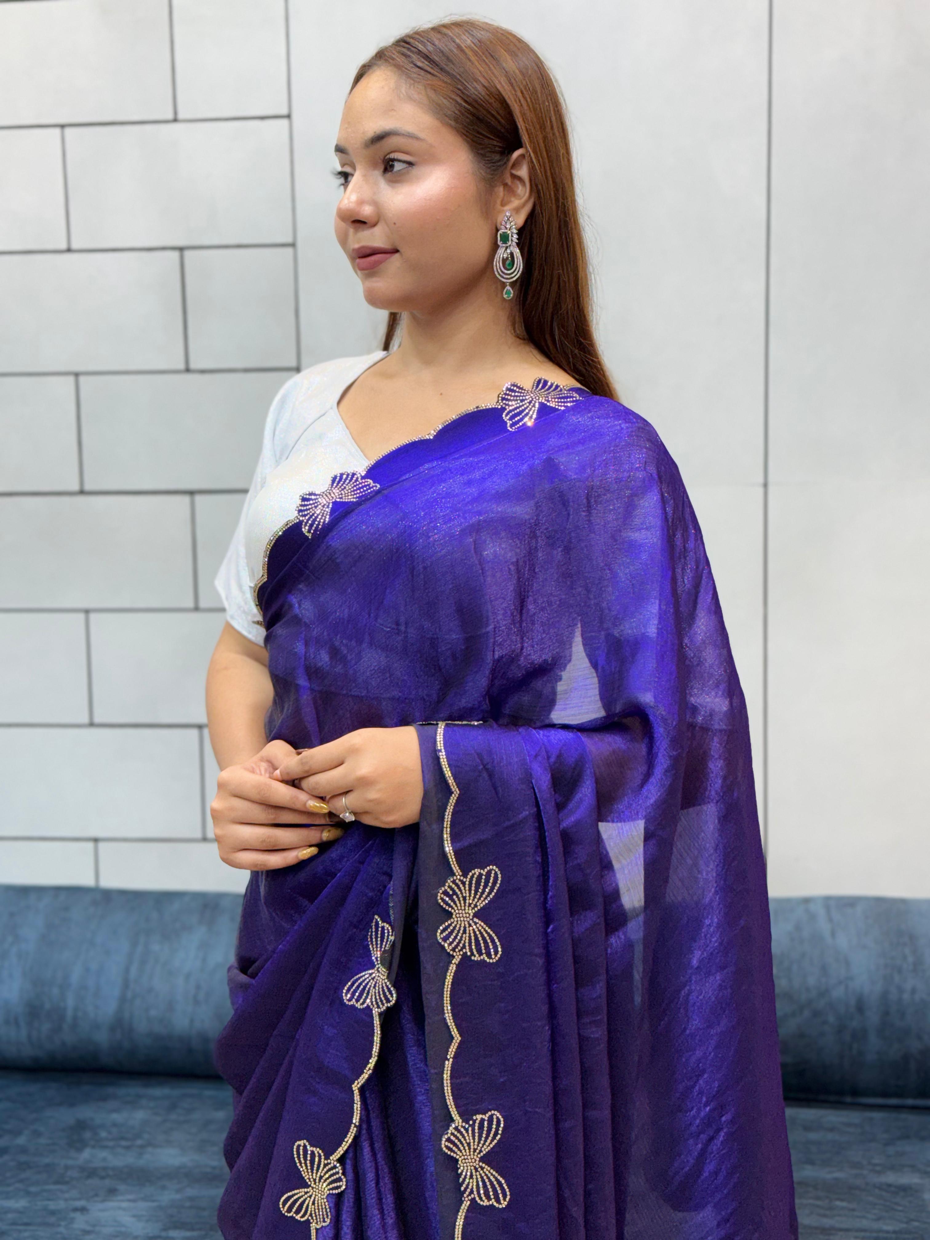 Aarvi Navy Blue Floral Embroidered Saree