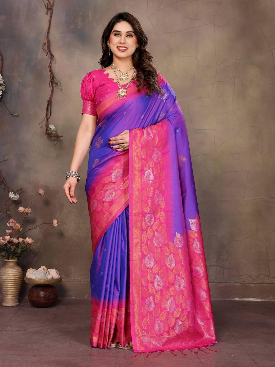 Sharvika Pink & Purple Banarasi Leaf Woven Silk Saree