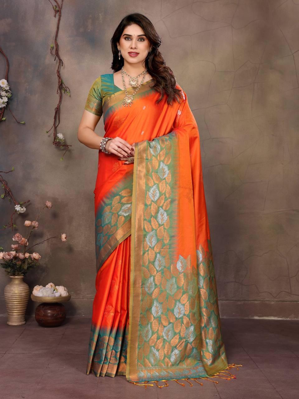 Sharvika Orange & Green Banarasi Leaf Woven Silk Saree