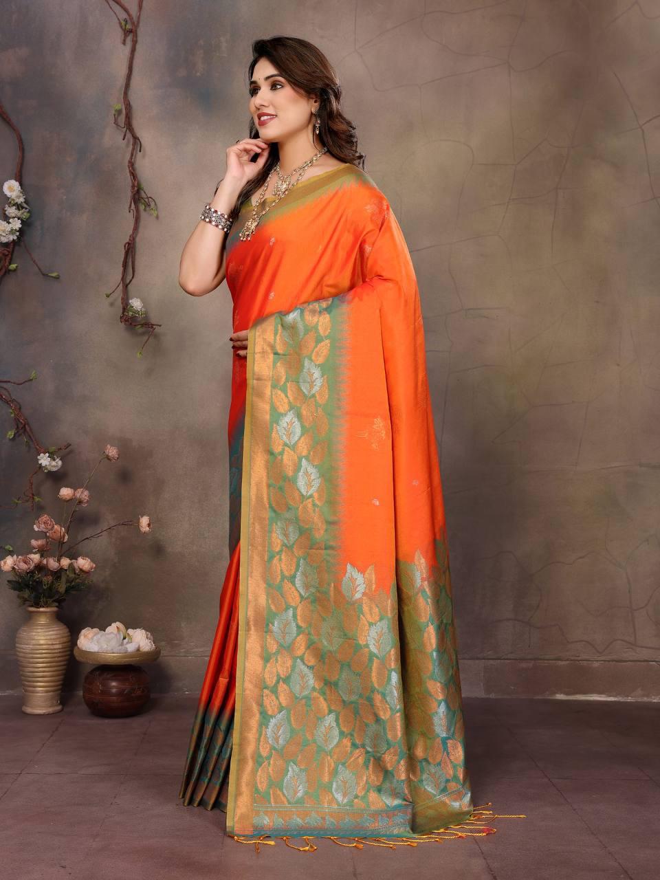Sharvika Orange & Green Banarasi Leaf Woven Silk Saree