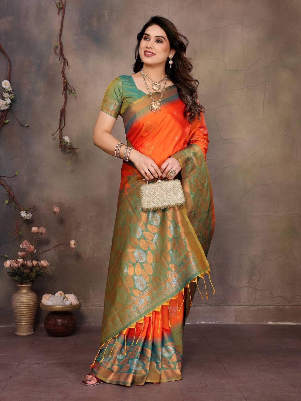 Sharvika Orange & Green Banarasi Leaf Woven Silk Saree