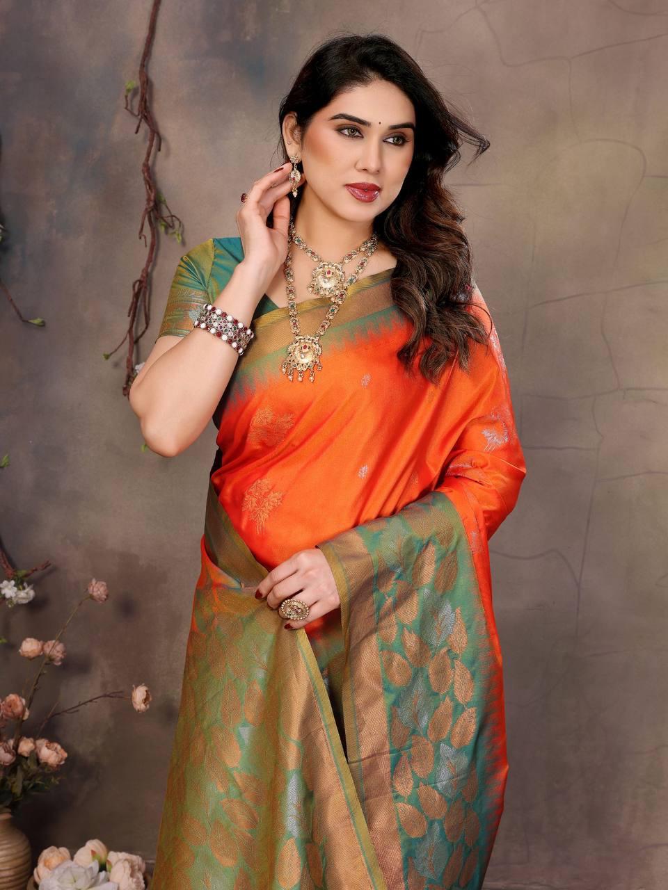 Sharvika Orange & Green Banarasi Leaf Woven Silk Saree
