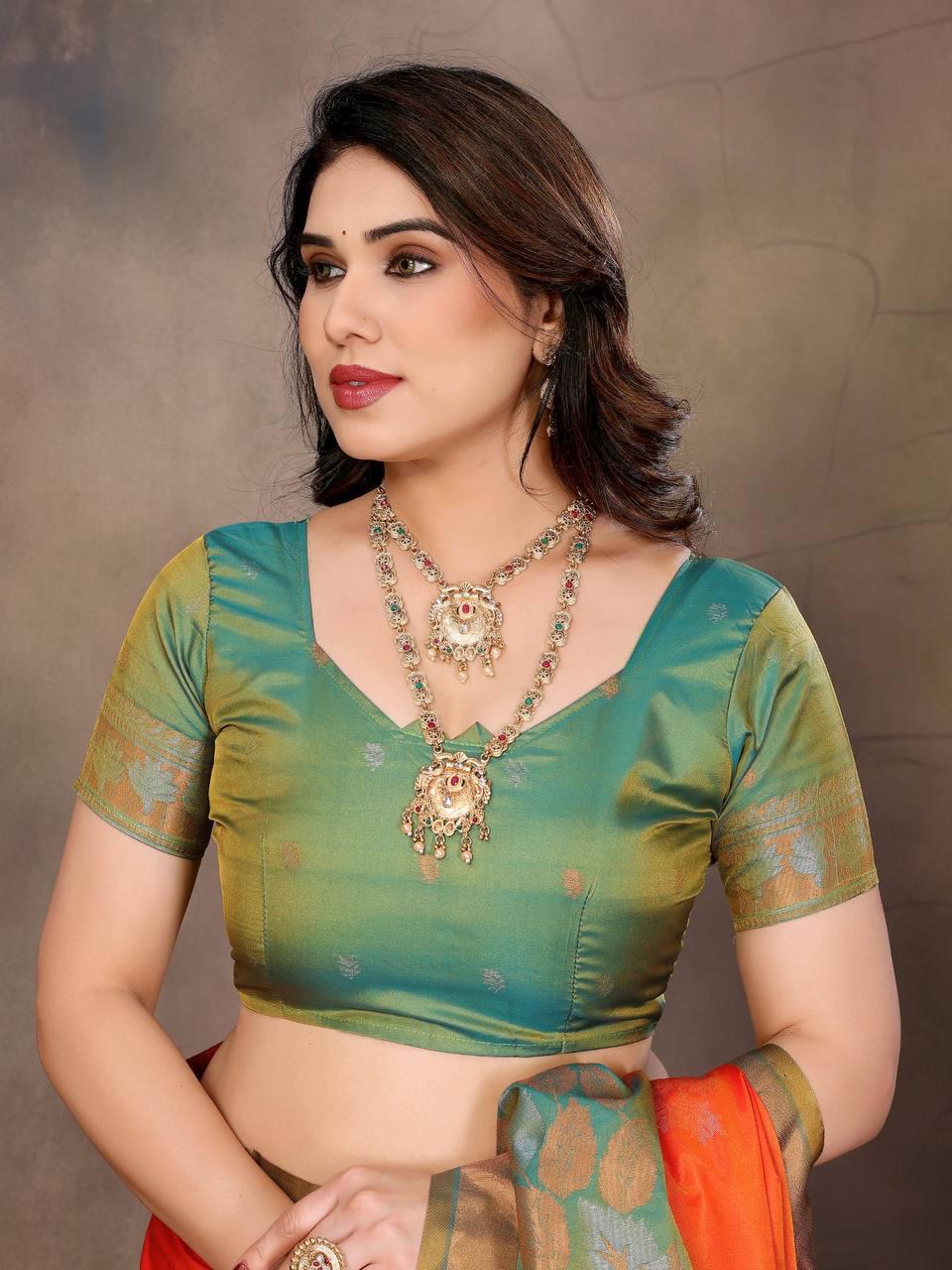 Sharvika Orange & Green Banarasi Leaf Woven Silk Saree