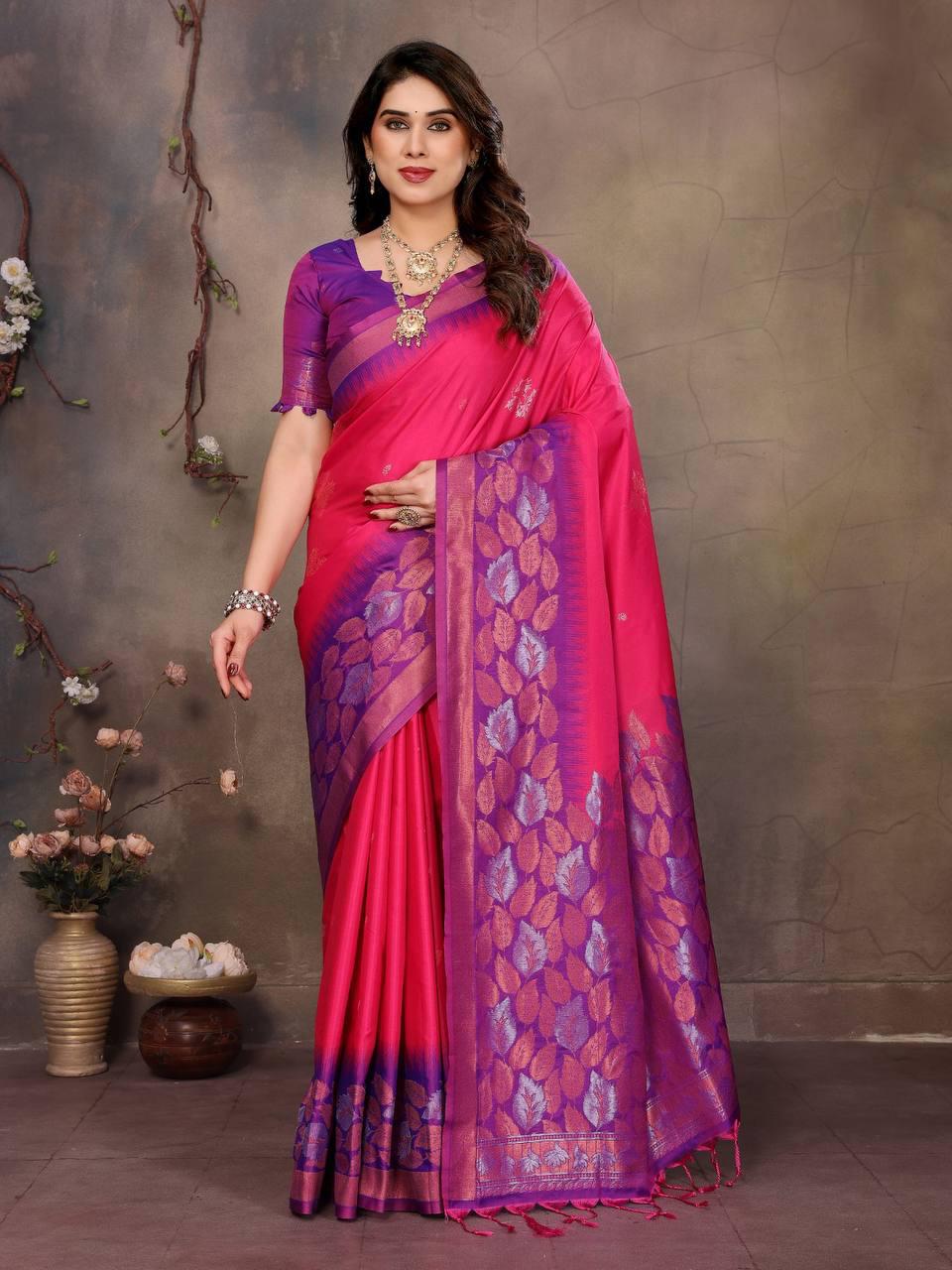 Sharvika Dark Pink & Purple Banarasi Leaf Woven Silk Saree