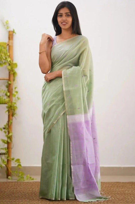 Mireya Pastel Green Cotton Saree with Lavender Pallu