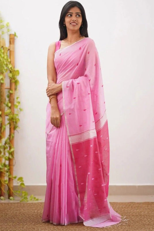Mireya Pink Cotton Saree with Dual Tone Pallu