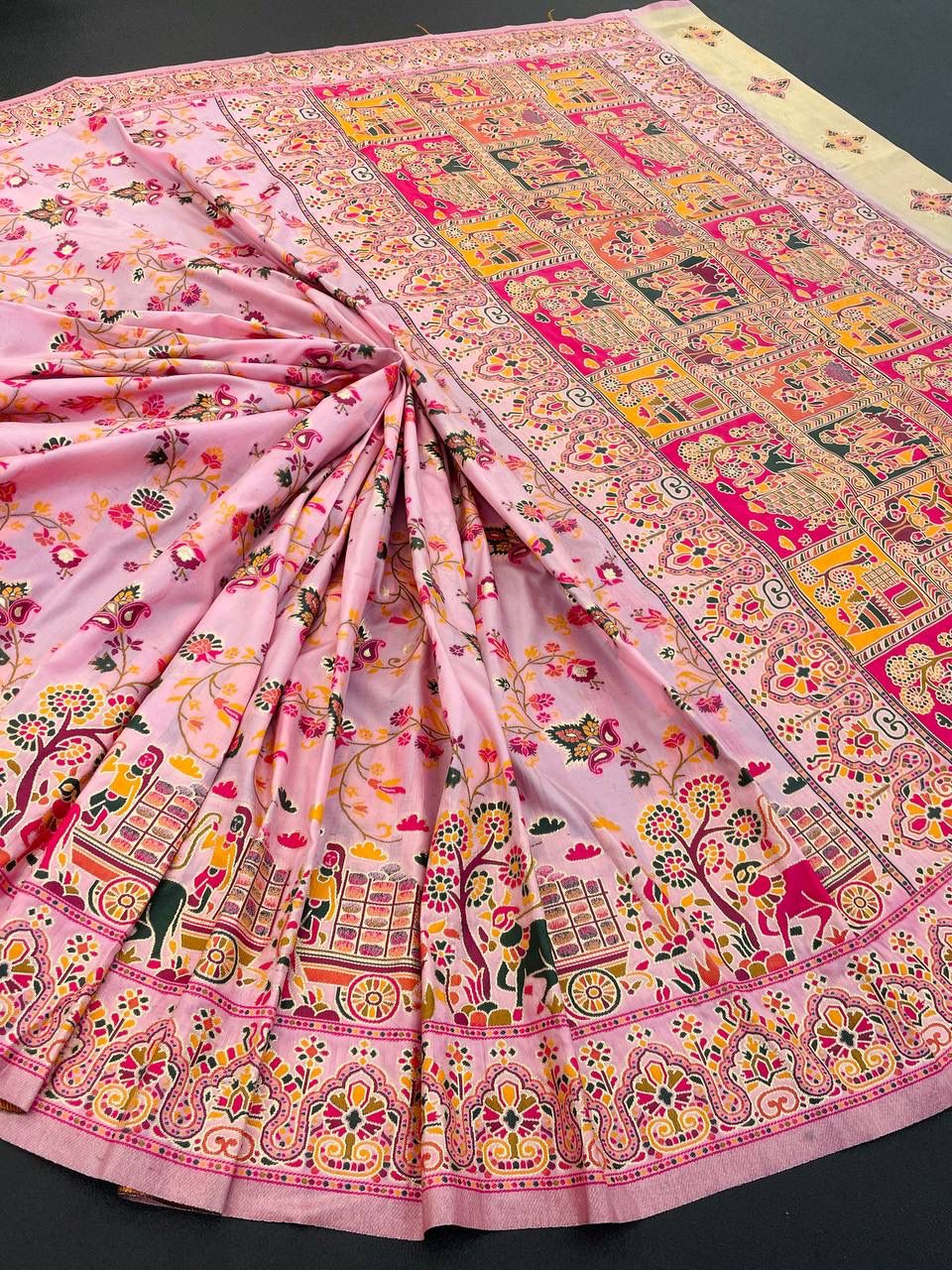 Barbara Pink Soft Silk Saree with Multicolor Traditional Print & Unstitched Blouse Piece