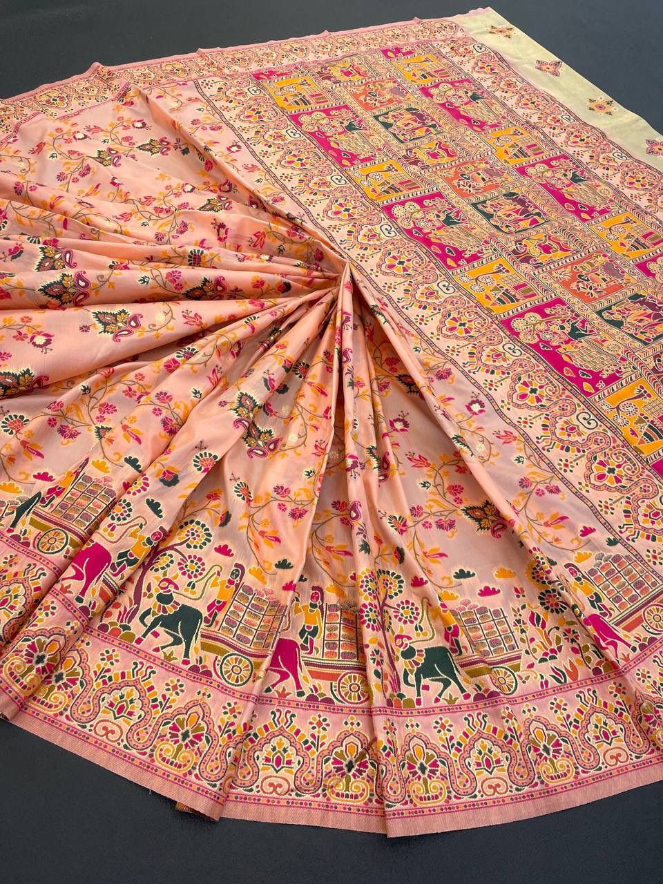 Barbara Peach Pink Soft Silk Saree with Multicolor Traditional Print & Unstitched Blouse Piece
