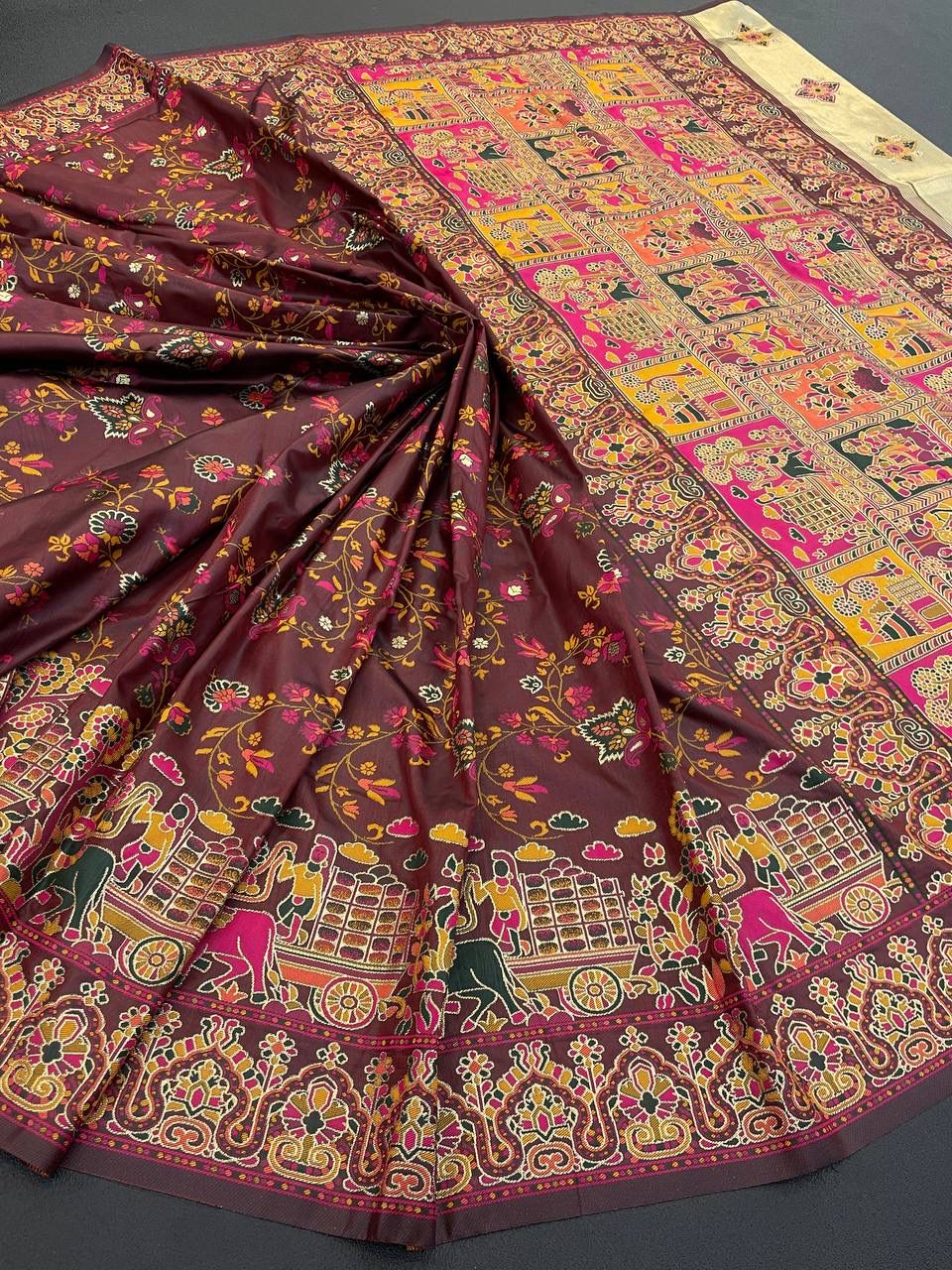 Barbara Dark Maroon Soft Silk Saree with Multicolor Traditional Print & Unstitched Blouse Piece