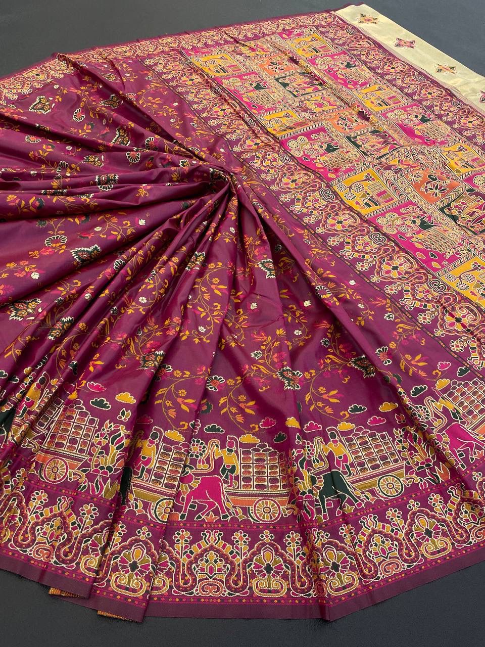 Barbara Wine Purple Soft Silk Saree with Multicolor Traditional Print & Unstitched Blouse Piece