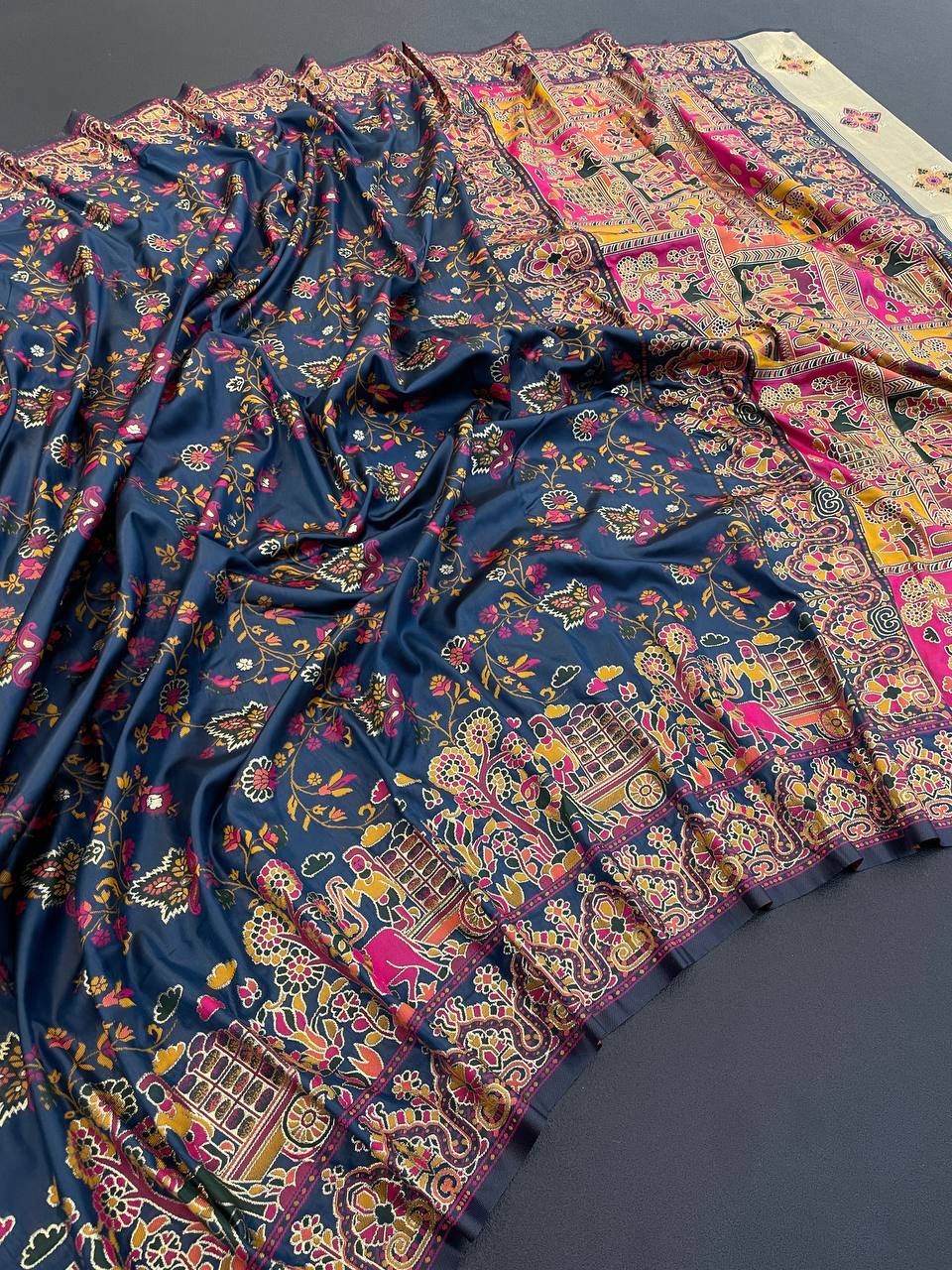 Barbara Navy Blue Soft Silk Saree with Multicolor Traditional Print & Unstitched Blouse Piece