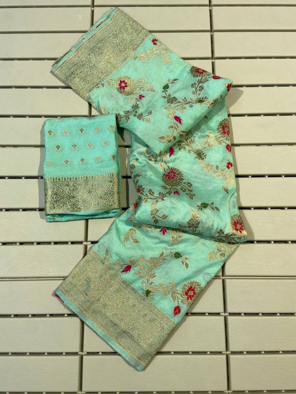 Abigail Light Sea Green Soft Silk Floral Saree with Golden Jacquard Border & Unstitched Blouse Piece