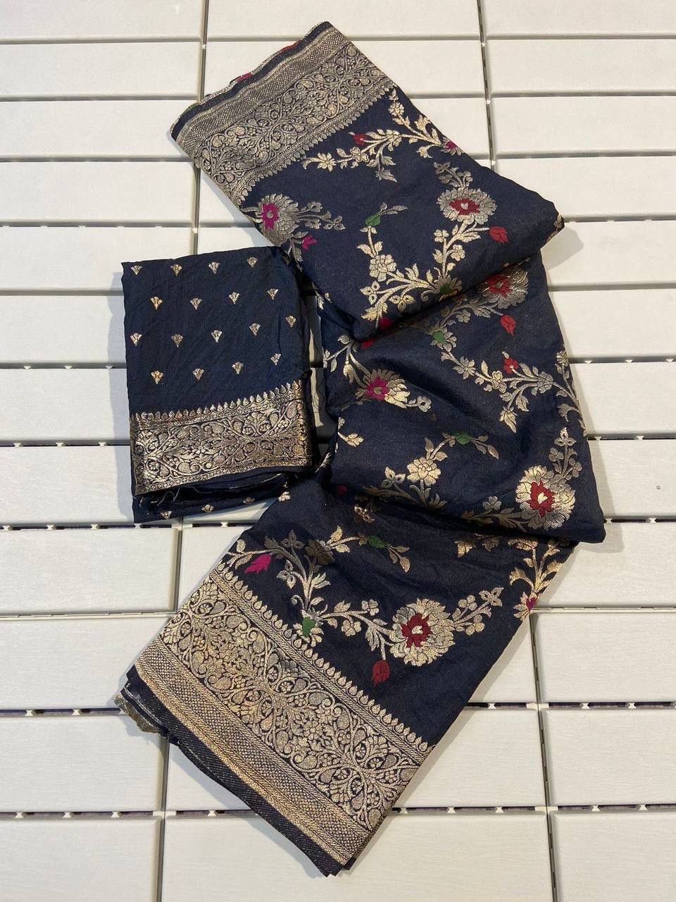 Abigail Black Soft Silk Floral Saree with Golden Jacquard Border & Unstitched Blouse Piece