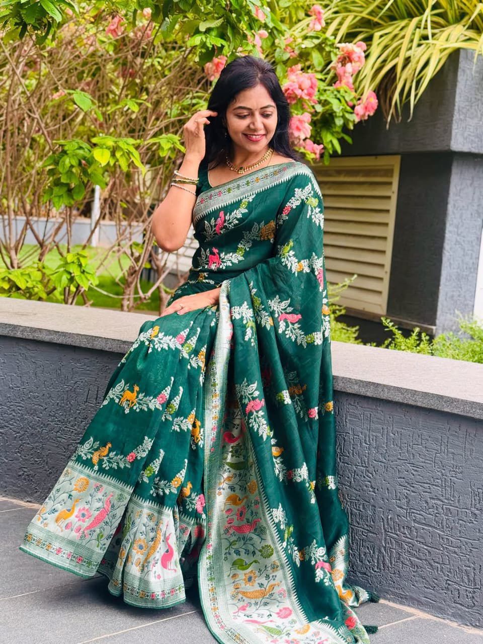 Elena Green Soft Silk Saree with Multicolor Floral & Animal Print Border