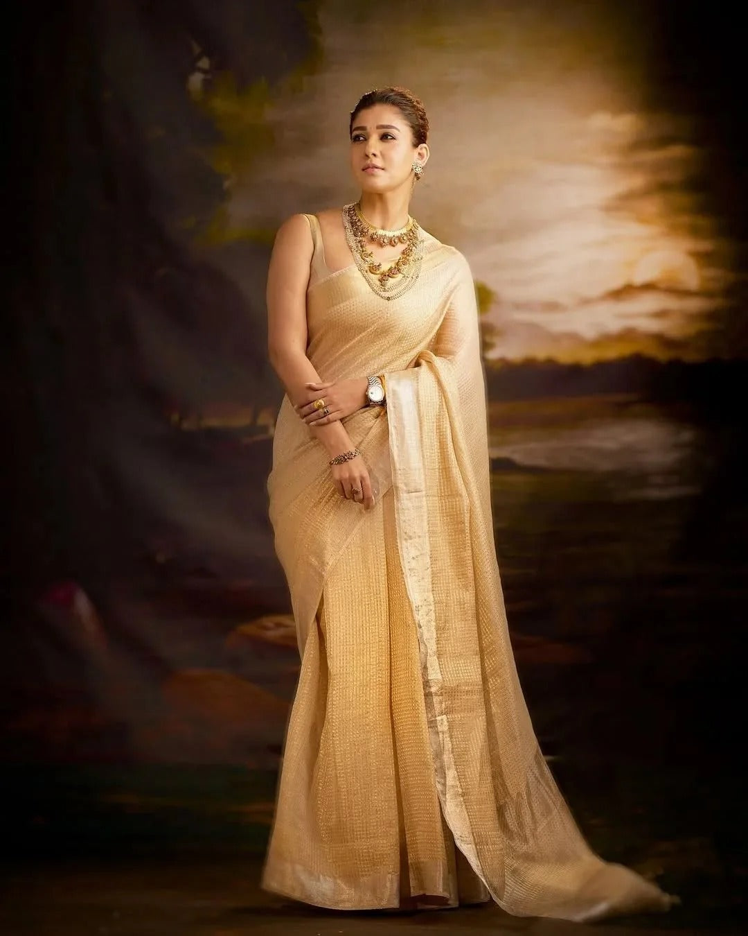 Manorama - Beige Tissue Silk Saree with Jacquard Weaving
