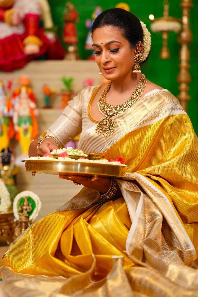 Sumitra - Yellow Kanjivaram Silk Saree with Rich Zari Weaving Border
