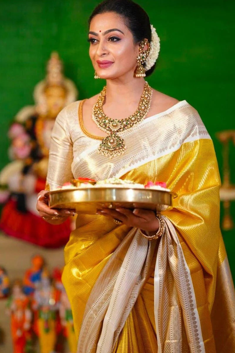 Sumitra - Yellow Kanjivaram Silk Saree with Rich Zari Weaving Border