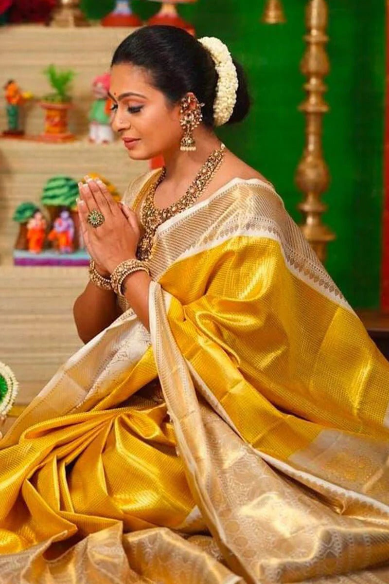 Sumitra - Yellow Kanjivaram Silk Saree with Rich Zari Weaving Border