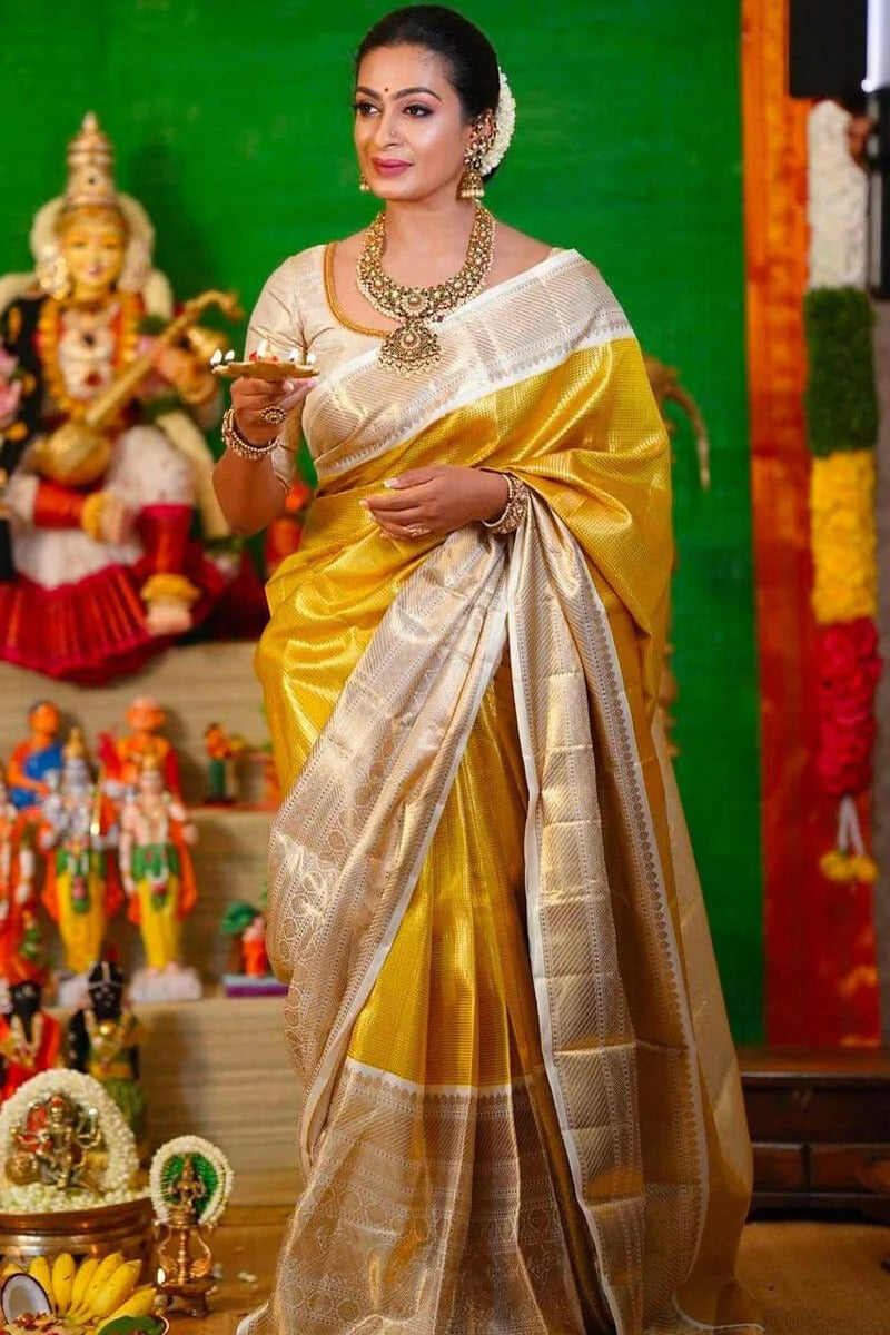 Sumitra - Yellow Kanjivaram Silk Saree with Rich Zari Weaving Border