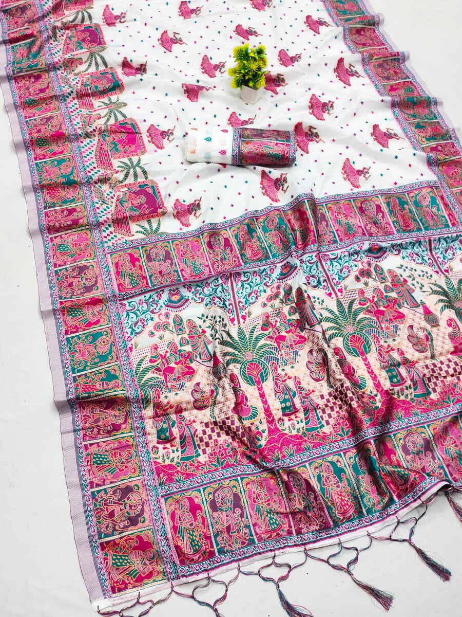 Sumati - White Kashmiri Modal Silk Saree with Zari Weaving