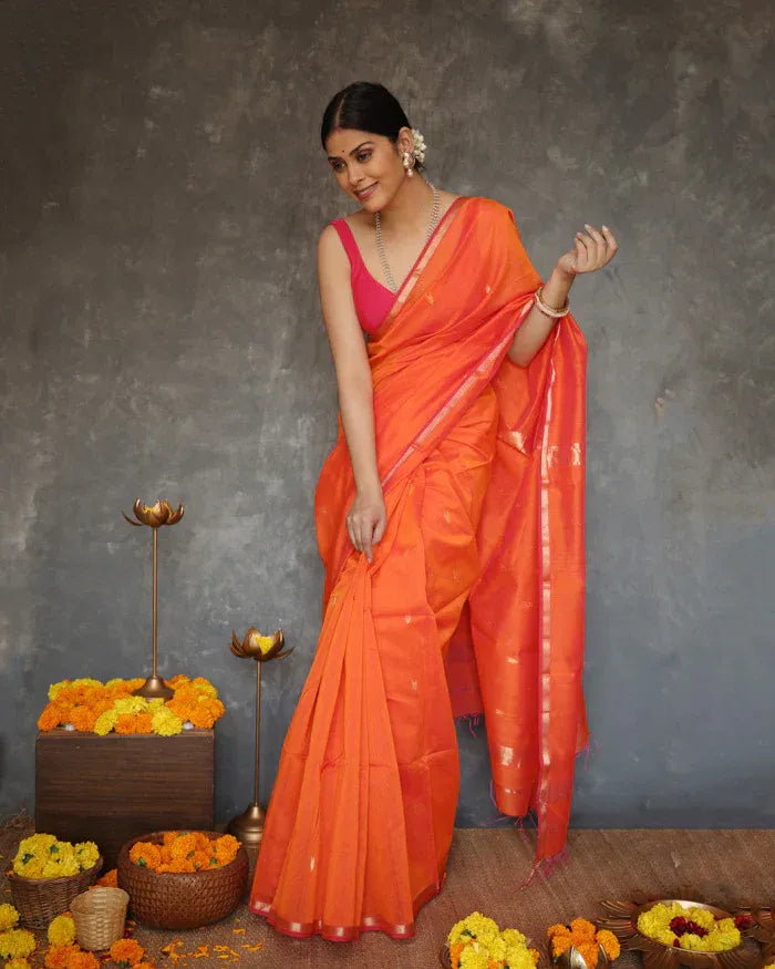 Mithali – Orange Pure Linen Silk Saree with jacquard weaving work