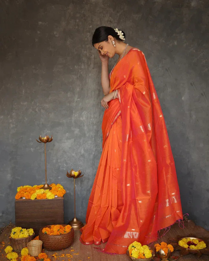 Mithali – Orange Pure Linen Silk Saree with jacquard weaving work