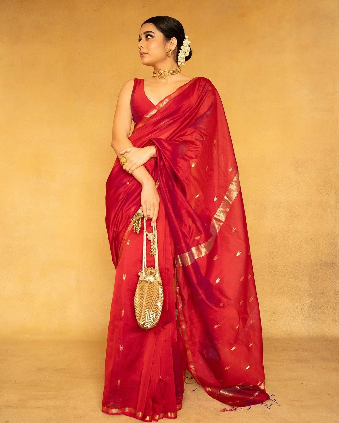 Mithali – Red Pure Linen Silk Saree with jacquard weaving work