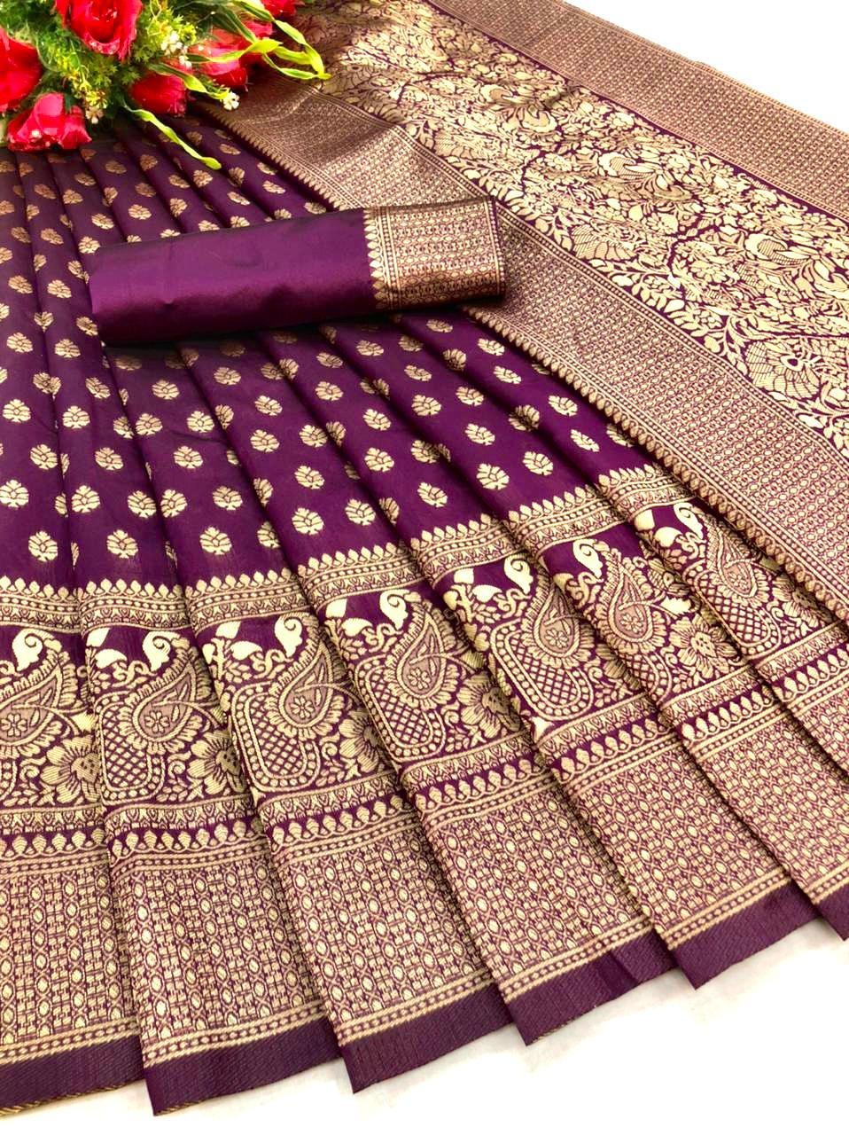 Tanirika - Purple Soft Silk Saree with Golden Paisley Zari Border