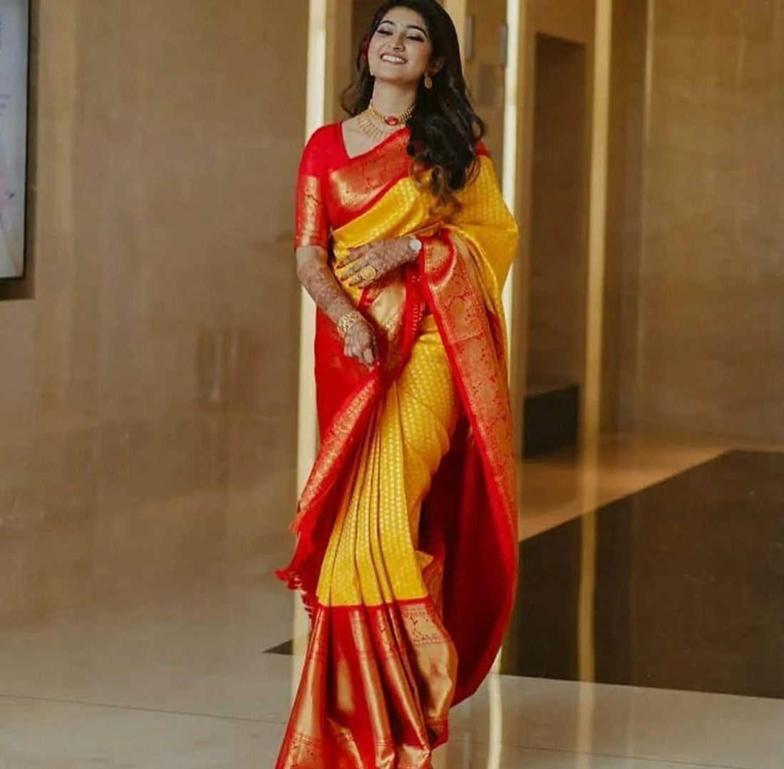 Pranita – Yellow Red Banarasi Silk Saree
