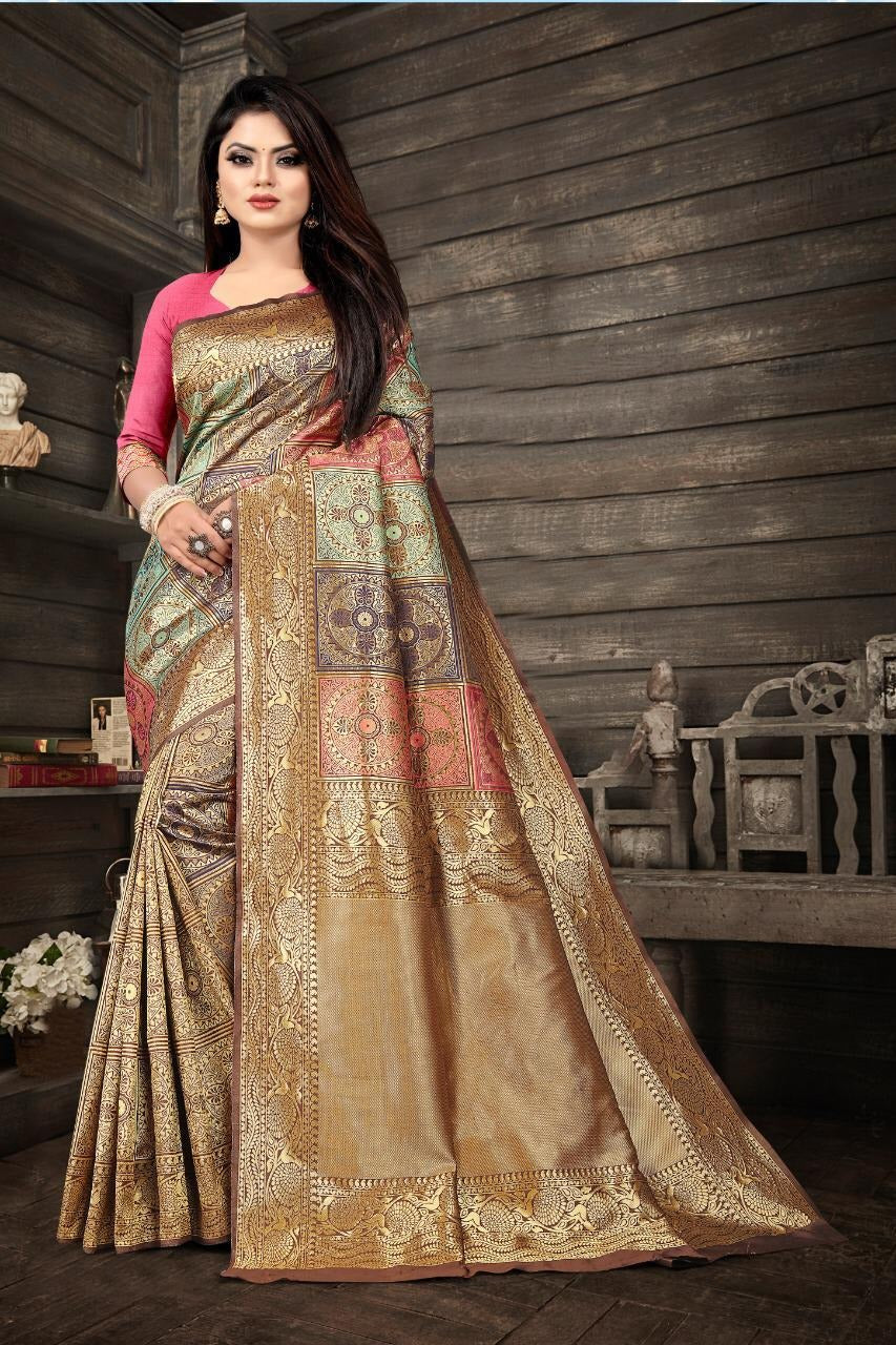 Navya Beige Soft Banarasi Silk Saree with Multicolor Jacquard Blocks & Gold Zari Border