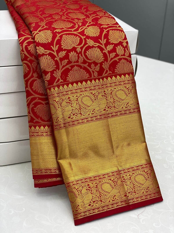 Rajshree - Red Kanjivaram Silk Saree with Jacquard Golden Zari Work