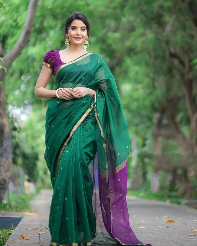 Revathi - Green Pure Linen Silk Saree with Jacquard Weaving and Contrast Purple Blouse