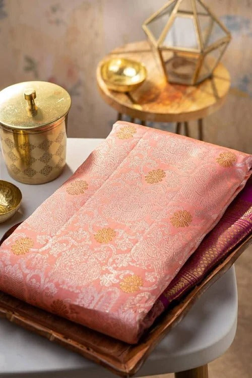 Bhagirathi – Pink Soft Banarasi Silk Saree with Jacquard Weave and Contrast Border