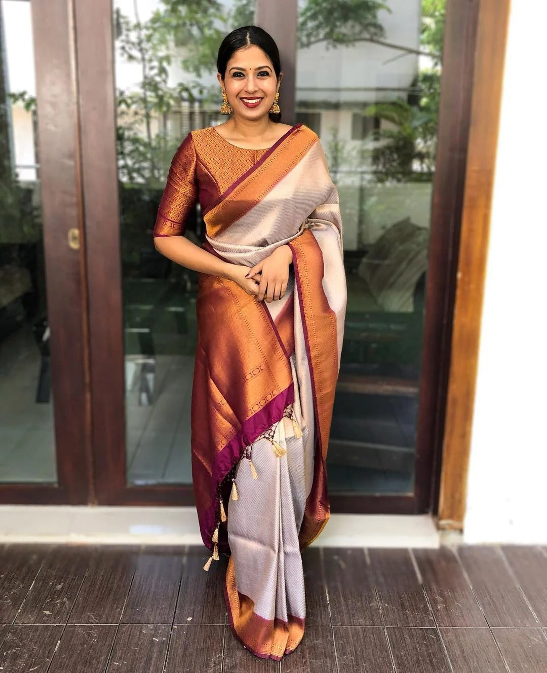 Bindu Cream Maroon Soft SIlk Saree With Attractive Blouse Piece