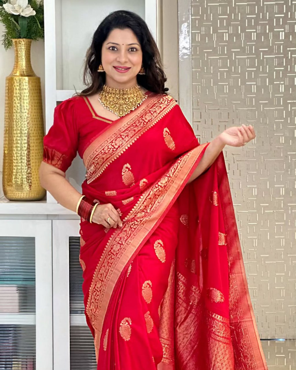 Bhavika– Banarasi Soft Silk Saree in Red