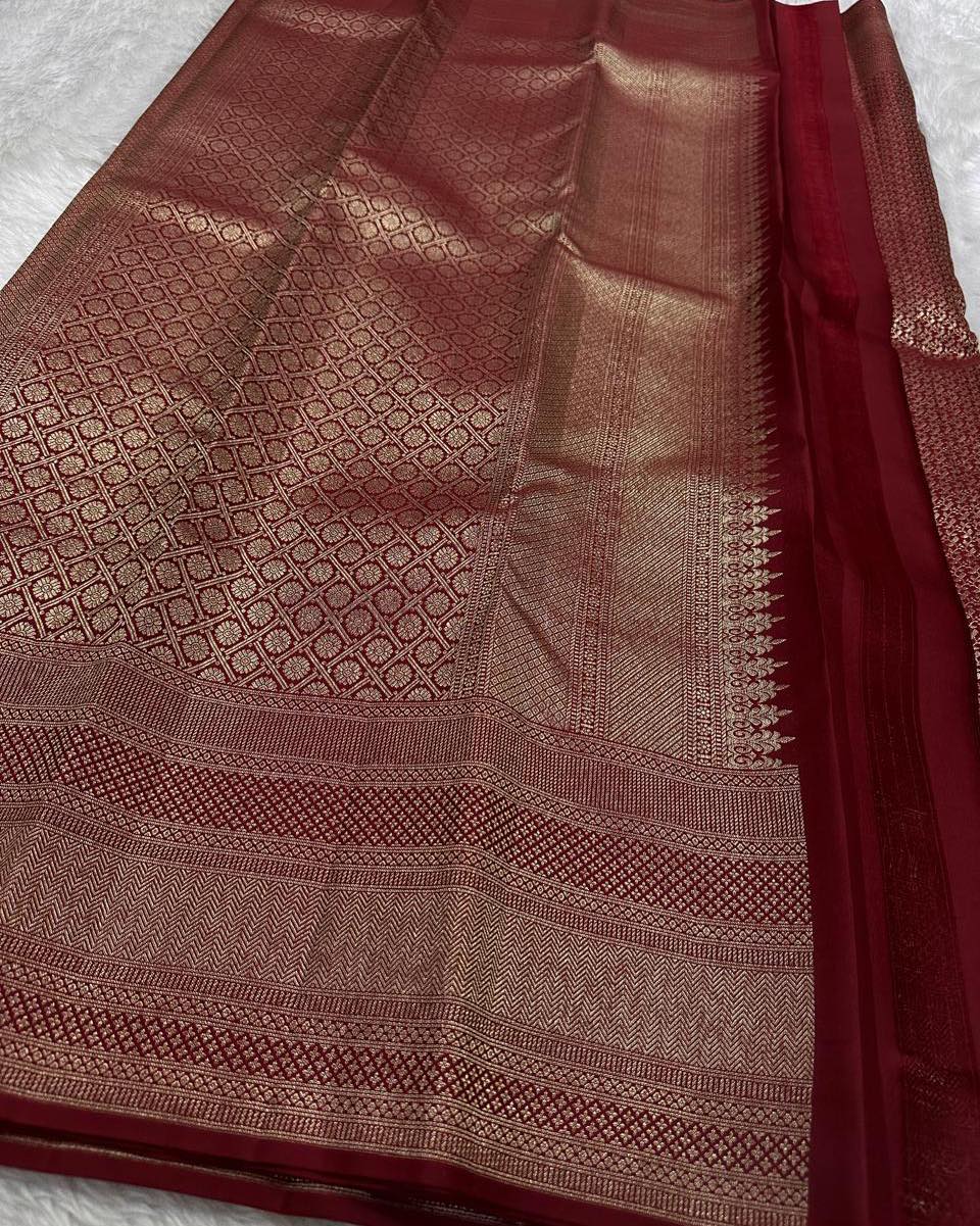 Meenal – Deep Maroon Banarasi Soft Silk Saree with Allover Zari Weave & Classic Border